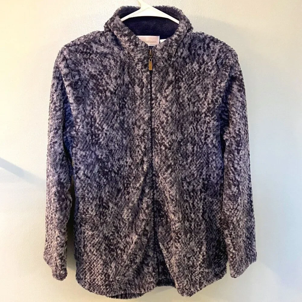 Stan Herman Womens Textured Blue Lightweight Fleece Zip up Jacket Medium
